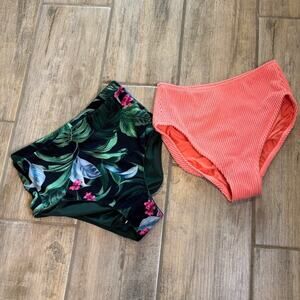 Kona Sol Peach Tropical Floral High Waist Bikini Swimsuit Bathing Bottoms Small
